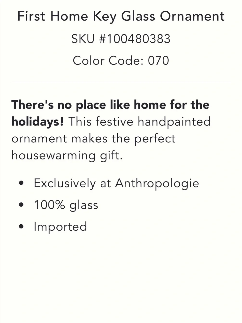 ANTHROPOLOGIE➕NWT First Home Glass Key Ornament